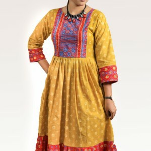 Red &amp; Yellow Printed And Embroidered Cotton Kurti- SCS(K)05